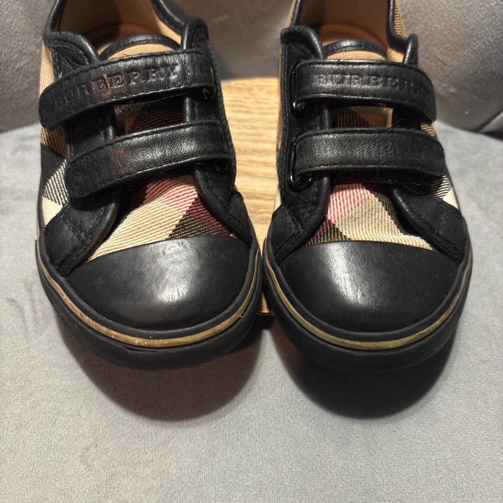 Burberry Kids Black Leather & Beige Nova Check Velcro Sneakers